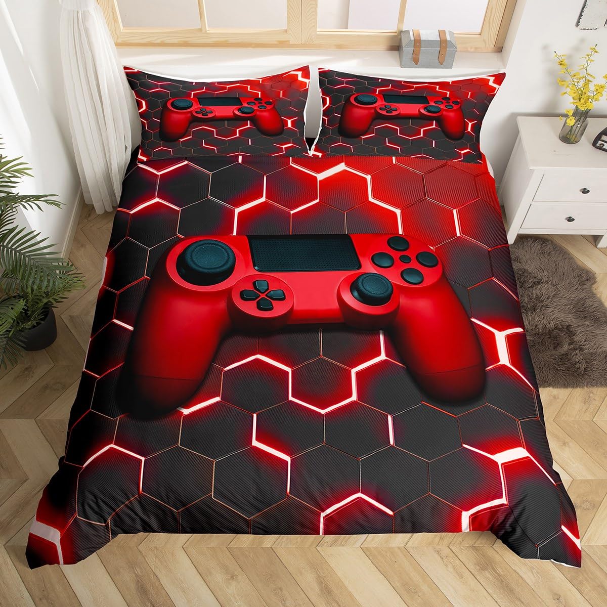 Erosebridal Full Size Boys Gamepad Comforter Cover,Modern Fashion Red Gaming Controller Printed Duvet Cover,Gamer Video Games Decorative 3 Piece Bedding Set with 2 Pillow Cases,Black