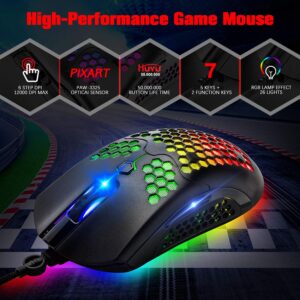 Gaming Keyboard and Mouse,3 in 1 Gaming Set,Rainbow LED Backlit Wired Gaming Keyboard,RGB Backlit 12000 DPI Lightweight Gaming Mouse with Honeycomb Shell,Large Mouse Pad for PC Game(Black)