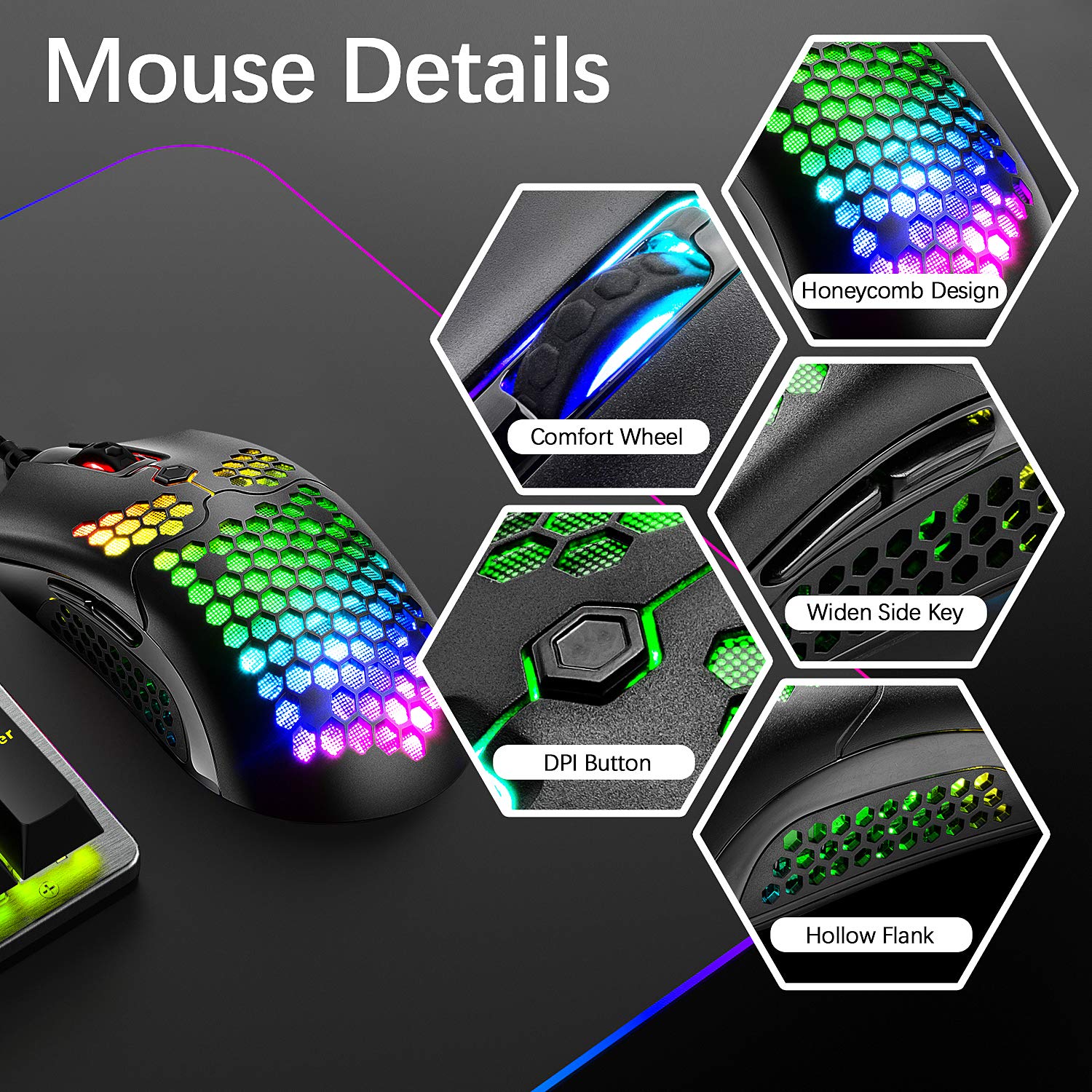 Gaming Keyboard and Mouse,3 in 1 Gaming Set,Rainbow LED Backlit Wired Gaming Keyboard,RGB Backlit 12000 DPI Lightweight Gaming Mouse with Honeycomb Shell,Large Mouse Pad for PC Game(Black)