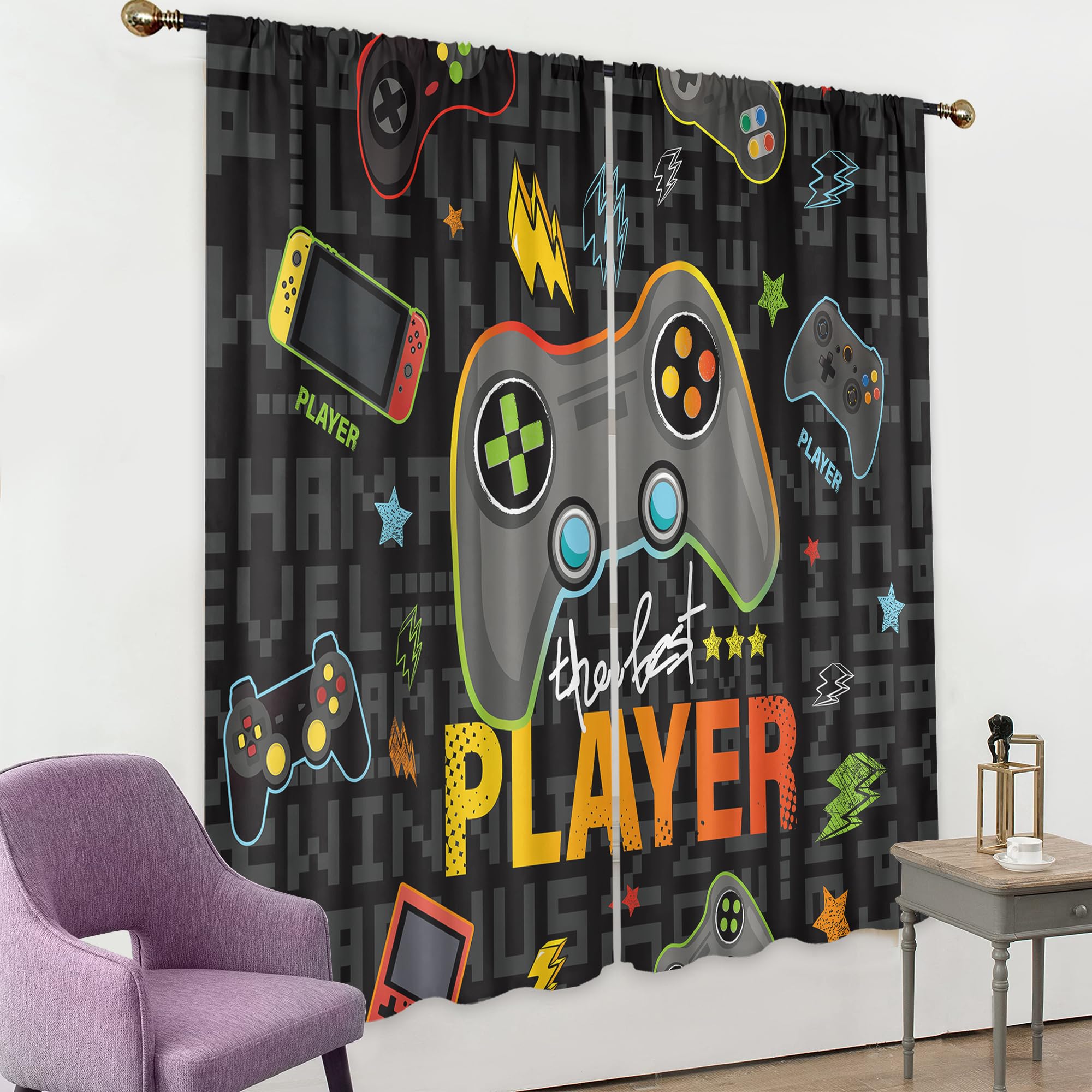 Mitpok Gaming Curtains for Boys Bedroom 42W x 63H Inch Rod Pocket Men Gamer Room Decor Video Games Controller Teens Kids Black Grey Cool Gamepad Window Treatment Set for Living Room Playroom 2 Panels