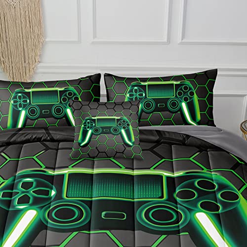 BDUCOK 5 Piece Gamer Comforter Sets Bed in A Bag for Boys Teen Kids,Honeycomb Gaming Bedding Sets Gamepad Comforter Microfiber Bed Set for All Season Gamer Home Decor(Green, 5 Piece Sets30021-Twin)