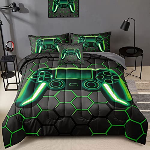 BDUCOK 5 Piece Gamer Comforter Sets Bed in A Bag for Boys Teen Kids,Honeycomb Gaming Bedding Sets Gamepad Comforter Microfiber Bed Set for All Season Gamer Home Decor(Green, 5 Piece Sets30021-Twin)