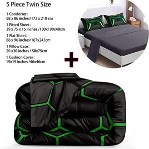 BDUCOK 5 Piece Gamer Comforter Sets Bed in A Bag for Boys Teen Kids,Honeycomb Gaming Bedding Sets Gamepad Comforter Microfiber Bed Set for All Season Gamer Home Decor(Green, 5 Piece Sets30021-Twin)