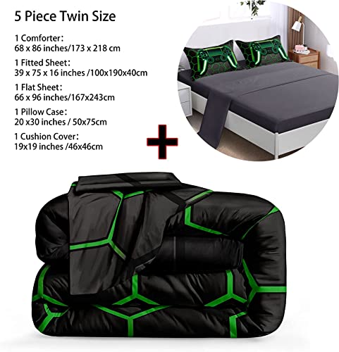 BDUCOK 5 Piece Gamer Comforter Sets Bed in A Bag for Boys Teen Kids,Honeycomb Gaming Bedding Sets Gamepad Comforter Microfiber Bed Set for All Season Gamer Home Decor(Green, 5 Piece Sets30021-Twin)