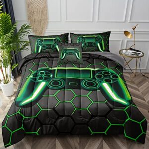 BDUCOK 5 Piece Gamer Comforter Sets Bed in A Bag for Boys Teen Kids,Honeycomb Gaming Bedding Sets Gamepad Comforter Microfiber Bed Set for All Season Gamer Home Decor(Green, 5 Piece Sets30021-Twin)