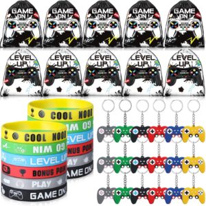 Nosiny 72PCS Video Game Party Favors Birthday Include 24 Video Game Goodie Drawstring Bags 24 Silicone Bracelet 24 Controller Keychain for Kids for Party Supplies (Black, White, Cute)