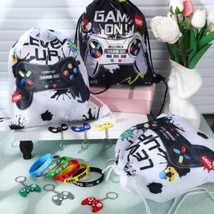 Nosiny 72PCS Video Game Party Favors Birthday Include 24 Video Game Goodie Drawstring Bags 24 Silicone Bracelet 24 Controller Keychain for Kids for Party Supplies (Black, White, Cute)