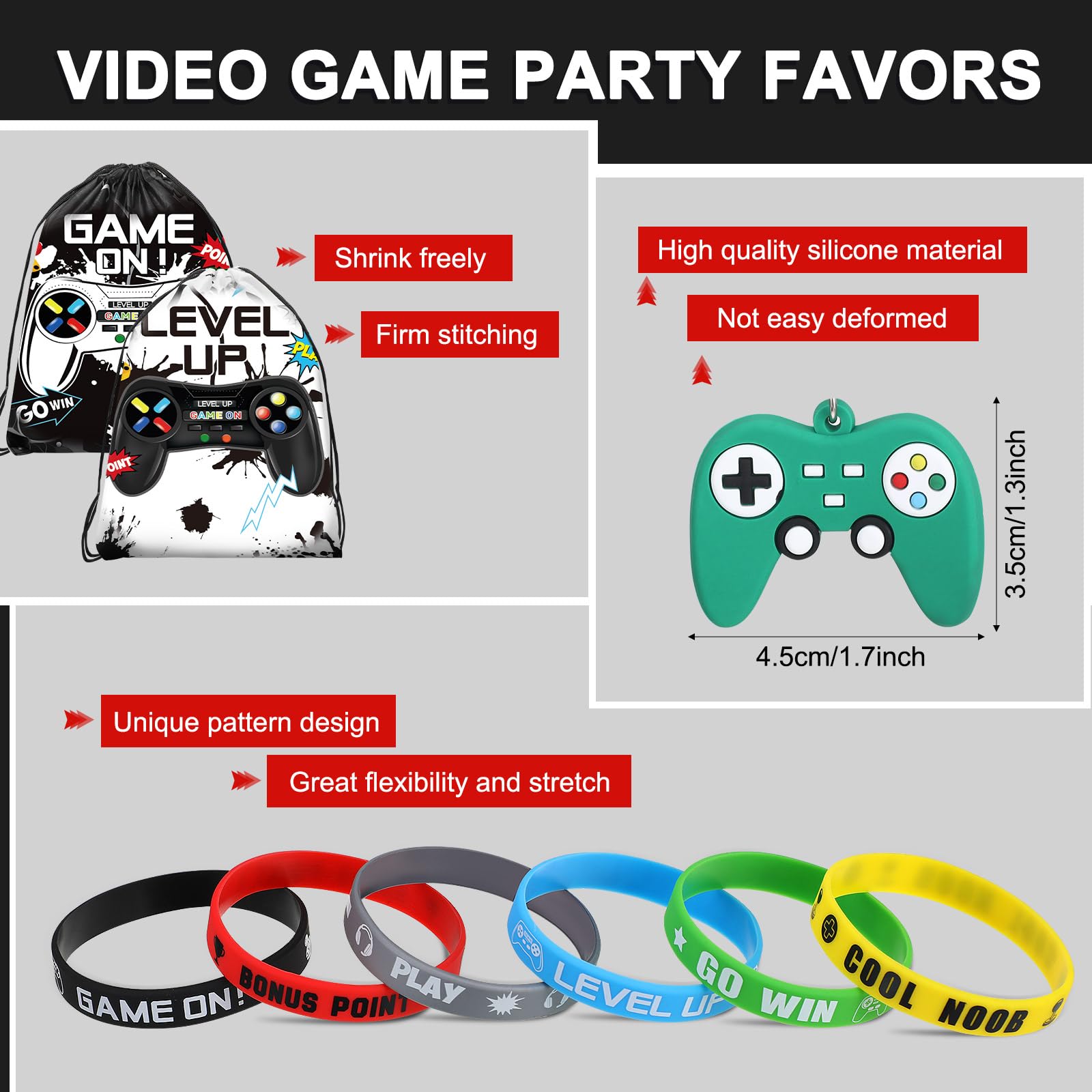 Nosiny 72PCS Video Game Party Favors Birthday Include 24 Video Game Goodie Drawstring Bags 24 Silicone Bracelet 24 Controller Keychain for Kids for Party Supplies (Black, White, Cute)