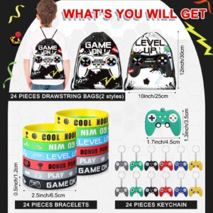 Nosiny 72PCS Video Game Party Favors Birthday Include 24 Video Game Goodie Drawstring Bags 24 Silicone Bracelet 24 Controller Keychain for Kids for Party Supplies (Black, White, Cute)