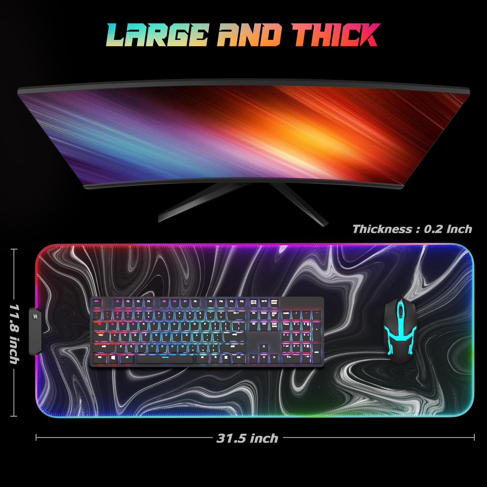 ITNRSIIET RGB Gaming Mouse Pad, Full Desk XL Extended Large Gaming Mousepad, 12 Lighting Modes, 30% Thicker, Big LED Desk Mat for Keyboard Computer Men Gamers, 32" x 12", Abstract Black and White