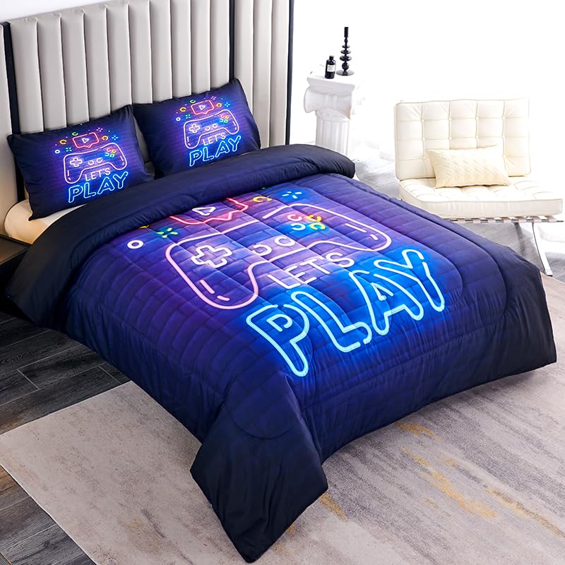 Helloosuu Teen Boy Comforter Set Queen,Kids Comforter Set for Boys,Gamer Bedding Sets for Boys,Boys Queen Bedding Set,Gaming Comforter Sets Including 1 Gaming Comforter&2 Pillowcases