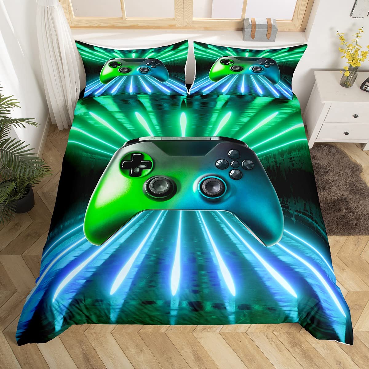 Erosebridal Green Blue Gamepad Bedding Set, Game Player Comforter Cover King Size Modern Gamer Gaming Duvet Cover Neon Trippy Bedding Set for Kids Boys Girls Teens Young Man Room Decor