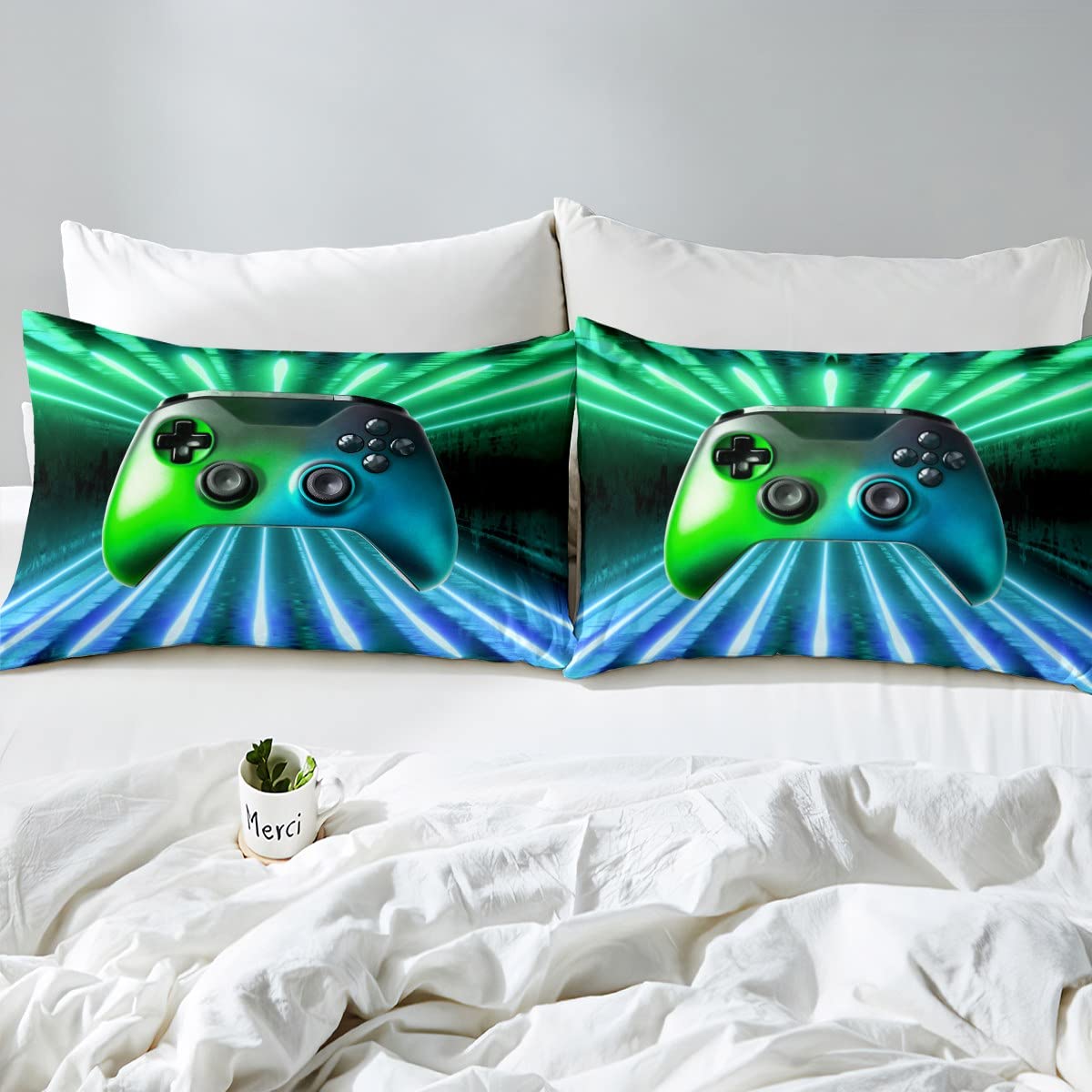 Erosebridal Green Blue Gamepad Bedding Set, Game Player Comforter Cover King Size Modern Gamer Gaming Duvet Cover Neon Trippy Bedding Set for Kids Boys Girls Teens Young Man Room Decor