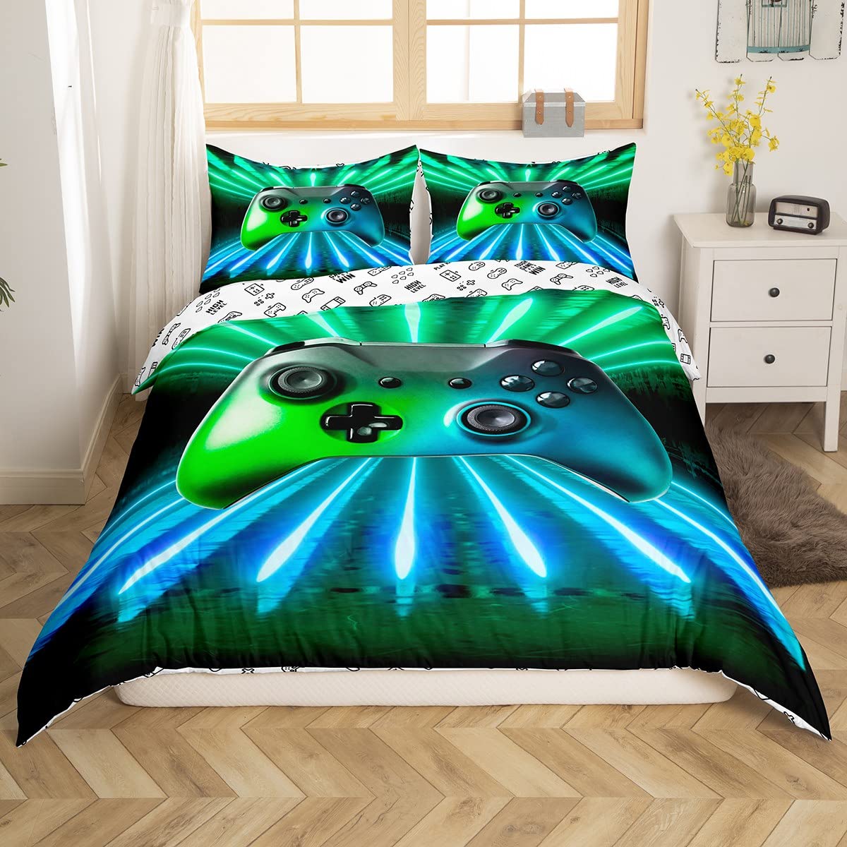 Erosebridal Green Blue Gamepad Bedding Set, Game Player Comforter Cover King Size Modern Gamer Gaming Duvet Cover Neon Trippy Bedding Set for Kids Boys Girls Teens Young Man Room Decor