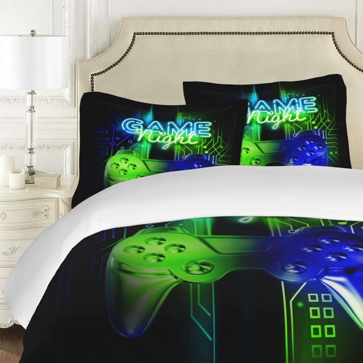 Green and Blue Gaming Duvet Cover Set Queen Size,Gamer Comforter Set for Boys,Video Game Controller Comforter for Boys/Kids 3D Gamepad Microfiber Bedding Sets 3 Pieces,1 Duvet Cover and 2 Pillowcases