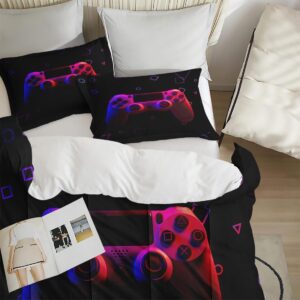 WeCozy Twin Size Comforter Set with Pillowcase, Red Gamepad Gaming Neon Game Soft Bedding Set for Kids and Adults Bedroom Bed Decor