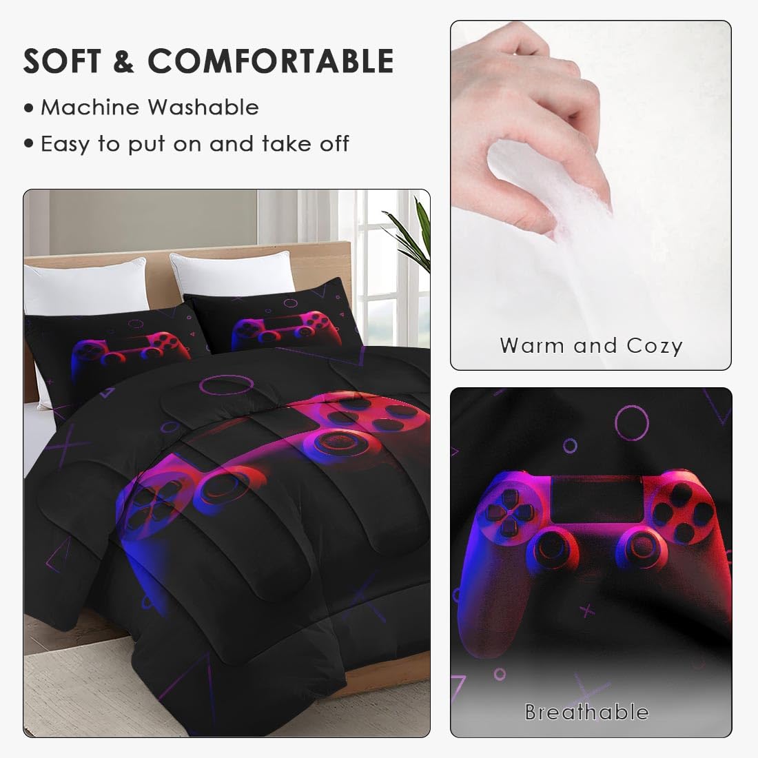 WeCozy Twin Size Comforter Set with Pillowcase, Red Gamepad Gaming Neon Game Soft Bedding Set for Kids and Adults Bedroom Bed Decor