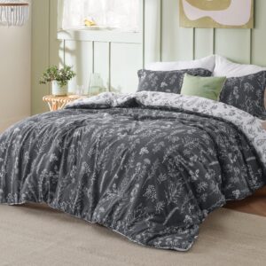 Bedsure King Comforter Set - Dark Grey Comforter, Cute Floral Bedding Comforter Sets, 3 Pieces, 1 Soft Reversible Botanical Flowers Comforter and 2 Pillow Shams