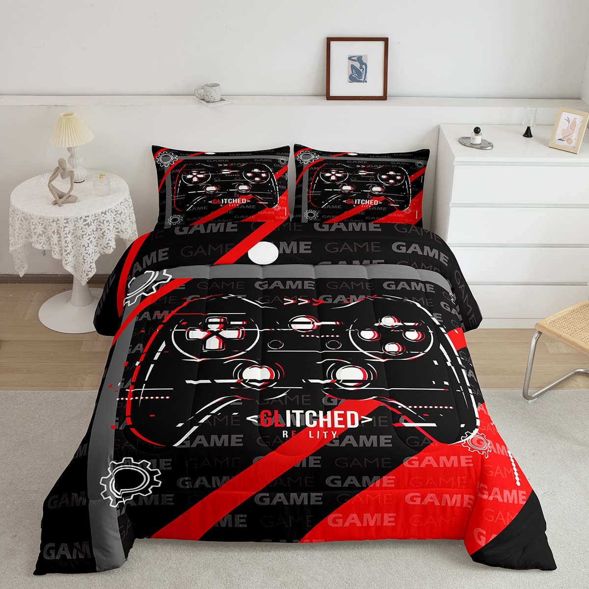 Feelyou Red Gamer Comforter Set for Boys Gaming Bedding Set for Kids Down Alternative Gamepad Comforter Gamer Decor for Boys Game Contoller Duvet Set Room Decor Quilt Set Twin Size