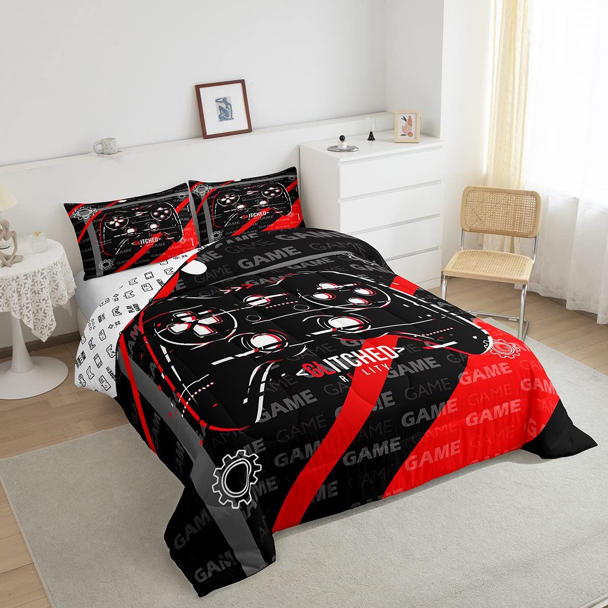 Feelyou Red Gamer Comforter Set for Boys Gaming Bedding Set for Kids Down Alternative Gamepad Comforter Gamer Decor for Boys Game Contoller Duvet Set Room Decor Quilt Set Twin Size