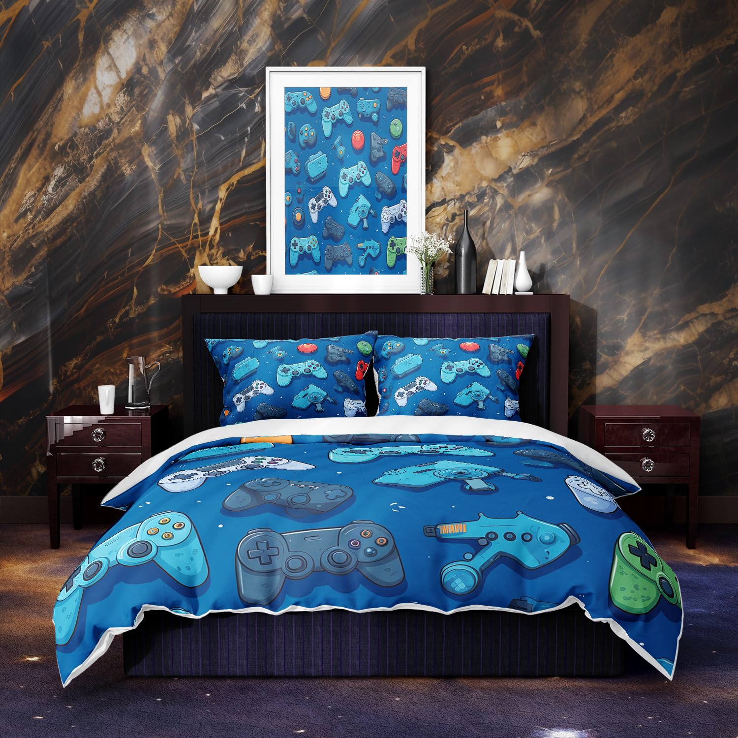 Placitiume Gamepad Bedding Set Gamer Duvet Cover Set with Gaming Controller Design Video Games Bedding Quilt Cover Set with Decorative Design, No Comforter