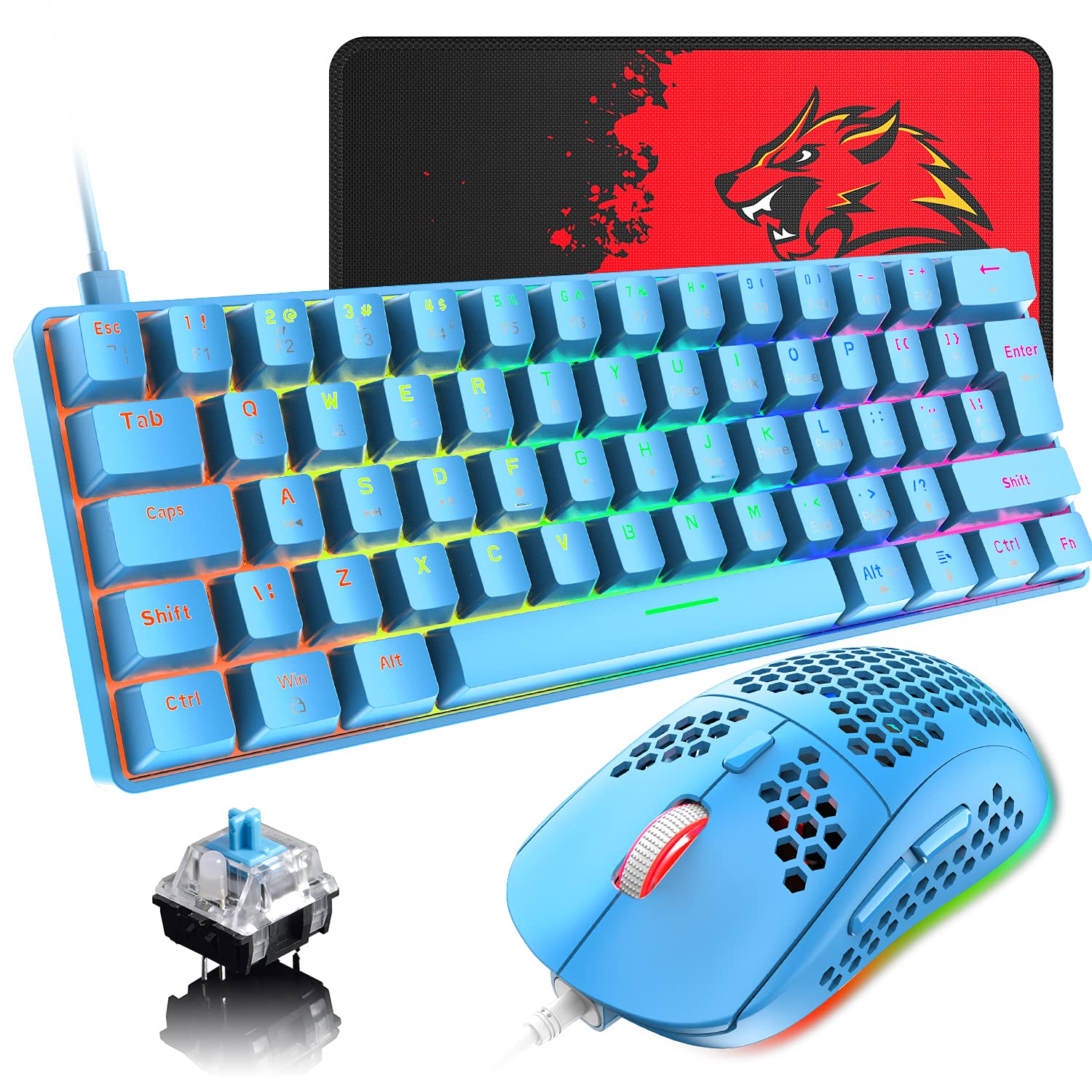 SELORSS Blue 60% True Mechanical Gaming Keyboard and Mouse Combo,20 RGB Chroma Backlit Type C Wired 62 Keys Mini Keyboard,Lightweight Gaming Mouse and Mouse Pad for Gamers and Typists