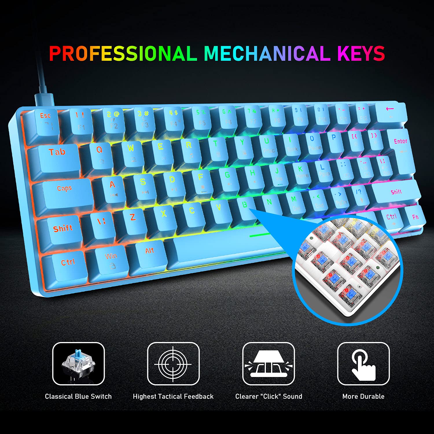 SELORSS Blue 60% True Mechanical Gaming Keyboard and Mouse Combo,20 RGB Chroma Backlit Type C Wired 62 Keys Mini Keyboard,Lightweight Gaming Mouse and Mouse Pad for Gamers and Typists