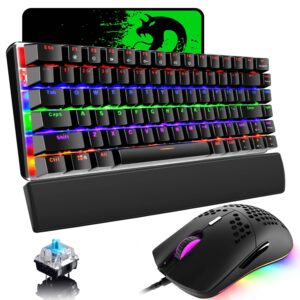 gaming keyboard and mouse and wrist rest,4 in 1 gaming set,rainbow led backlit wired gaming keyboard,rgb backlit 6400 dpi lightweight gaming mouse with honeycomb shell,mouse pad for pc gamer-black