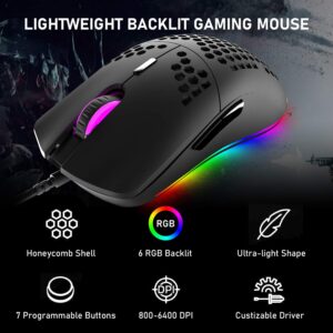 Gaming Keyboard and Mouse and Wrist Rest,4 in 1 Gaming Set,Rainbow LED Backlit Wired Gaming Keyboard,RGB Backlit 6400 DPI Lightweight Gaming Mouse with Honeycomb Shell,Mouse Pad for PC Gamer-Black