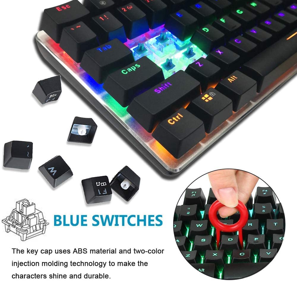 Gaming Keyboard and Mouse and Wrist Rest,4 in 1 Gaming Set,Rainbow LED Backlit Wired Gaming Keyboard,RGB Backlit 6400 DPI Lightweight Gaming Mouse with Honeycomb Shell,Mouse Pad for PC Gamer-Black