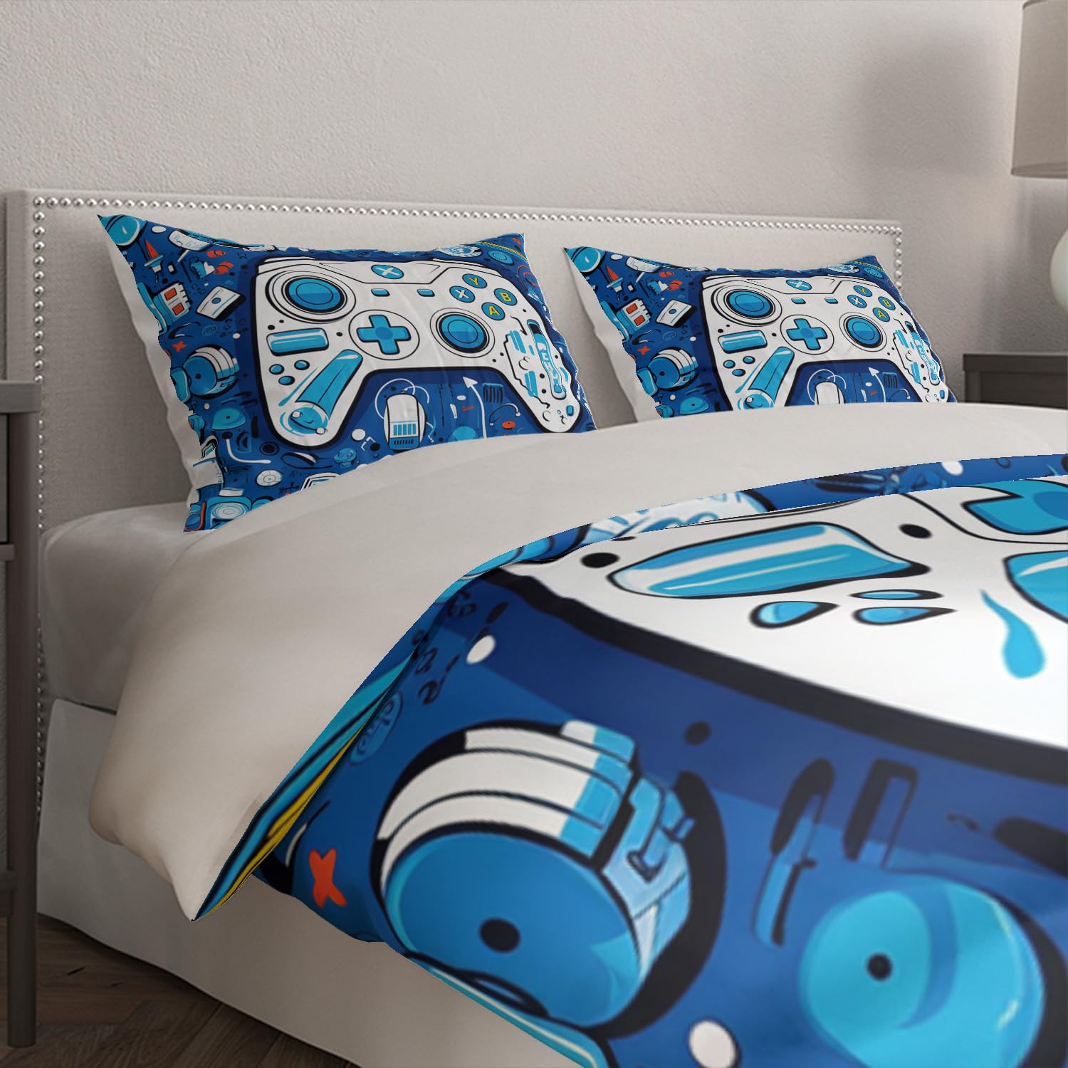 Placitiume Teen Boys Gamer Comforter Cover Set - Gaming Bedding Set with Gamepad Design Duvet Cover Set, Video Game Theme 3 Piece Set with 2 Pillowcases for Bedroom Bed Decor, No Comforter