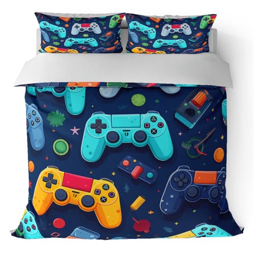 Gamer Duvet Cover for Boys - Gaming Comforter Cover Full Size - Cool Games Gamepad Bedding Set for Kids Teen Game Room Decor Player Gaming Joystick Duvet Cover Set for Bedroom Bed Decor, No Comforter