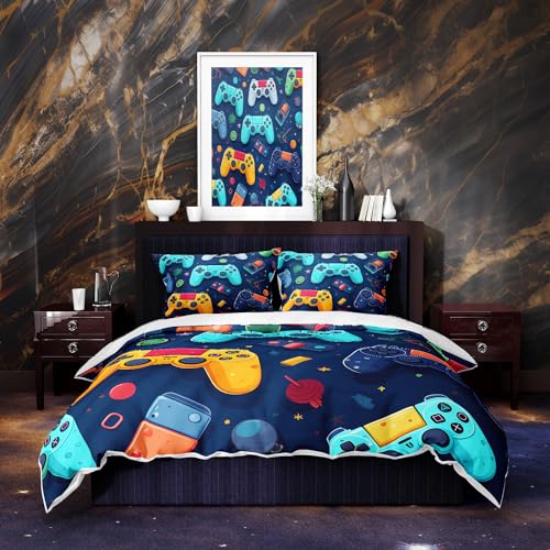 Gamer Duvet Cover for Boys - Gaming Comforter Cover Full Size - Cool Games Gamepad Bedding Set for Kids Teen Game Room Decor Player Gaming Joystick Duvet Cover Set for Bedroom Bed Decor, No Comforter