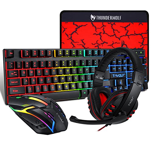 T-Wolf Gaming Combo TF800 Keyboard/Mouse/Headphone/Mouse Pad Wired LED RGB Backlight Bundle for PC Gamers Users - 4 in 1, Black