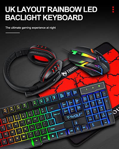 T-Wolf Gaming Combo TF800 Keyboard/Mouse/Headphone/Mouse Pad Wired LED RGB Backlight Bundle for PC Gamers Users - 4 in 1, Black