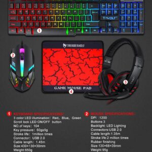 T-Wolf Gaming Combo TF800 Keyboard/Mouse/Headphone/Mouse Pad Wired LED RGB Backlight Bundle for PC Gamers Users - 4 in 1, Black