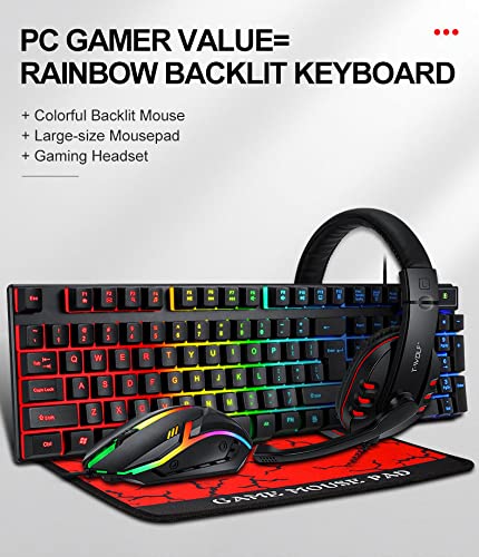 T-Wolf Gaming Combo TF800 Keyboard/Mouse/Headphone/Mouse Pad Wired LED RGB Backlight Bundle for PC Gamers Users - 4 in 1, Black