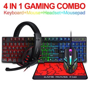 T-Wolf Gaming Combo TF800 Keyboard/Mouse/Headphone/Mouse Pad Wired LED RGB Backlight Bundle for PC Gamers Users - 4 in 1, Black