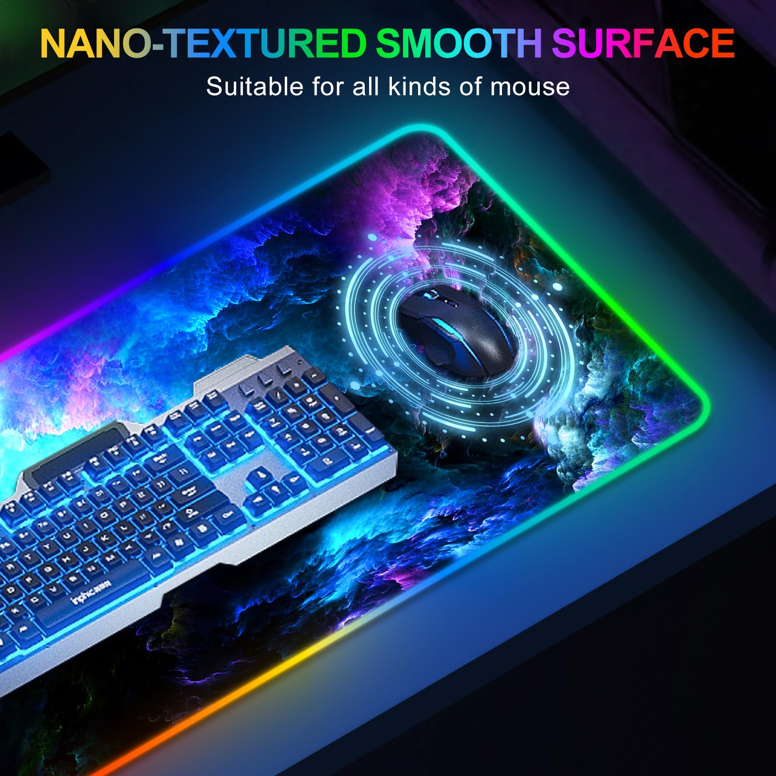 ARTSO RGB Gaming Mouse Pad Large, Extended LED Mouse Mat XXL 35.4x15.7 inch, 14 Lighting Modes, 2 Brightness, Non-Slip Rubber Base Mousepad Waterproof Keyboard Mat,Fantasy Nebula Sky