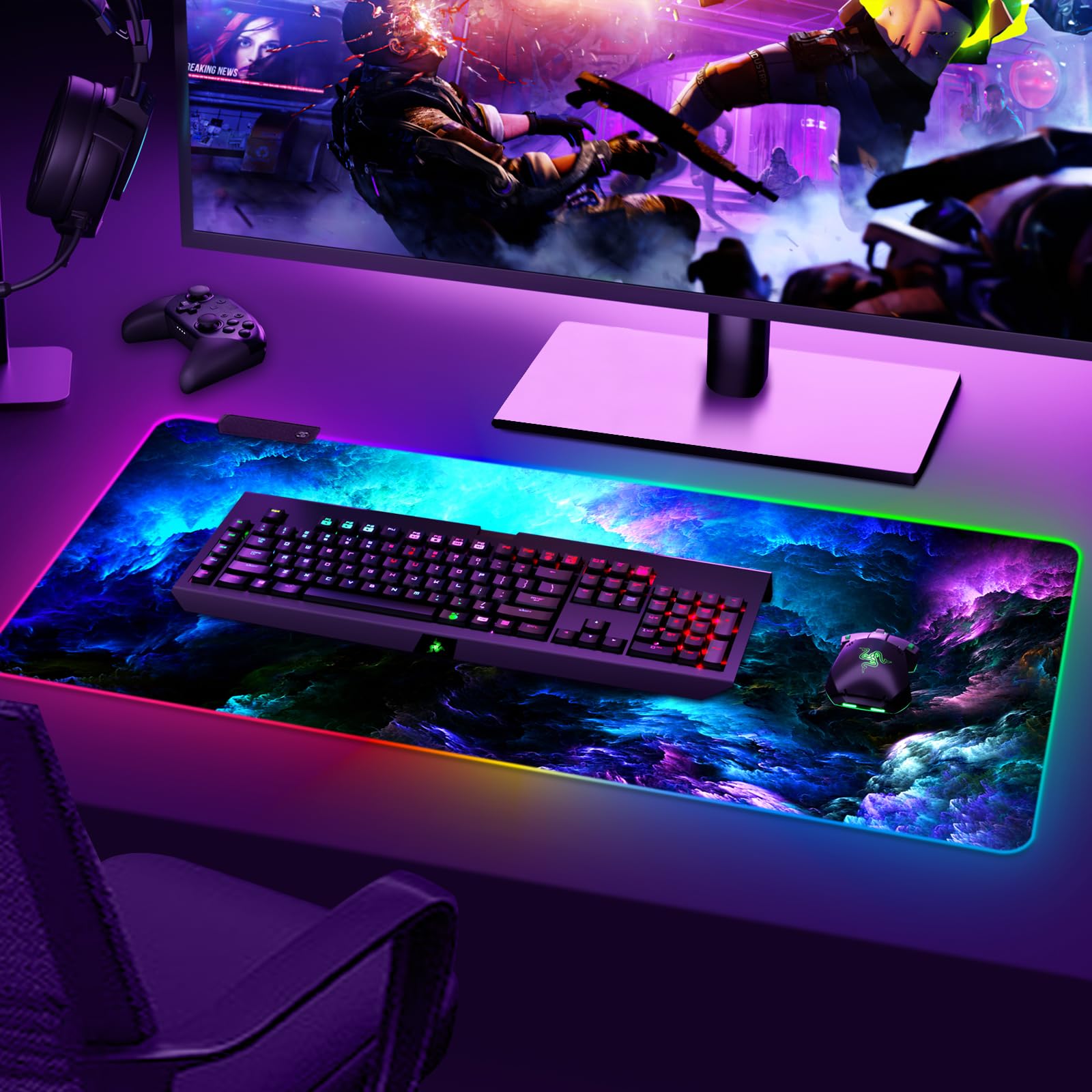 ARTSO RGB Gaming Mouse Pad Large, Extended LED Mouse Mat XXL 35.4x15.7 inch, 14 Lighting Modes, 2 Brightness, Non-Slip Rubber Base Mousepad Waterproof Keyboard Mat,Fantasy Nebula Sky