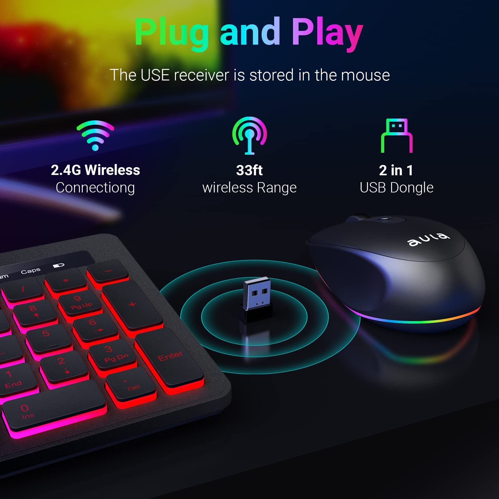 AULA Wireless Keyboard and Mouse Combo, RGB Backlit, Rechargeable & 2.4GHz Quiet Wireless Gaming Keyboard Mouse, Full-Size Ergonomic Keyboard Mouse & Mousepad Combo for PC, Windows and Mac