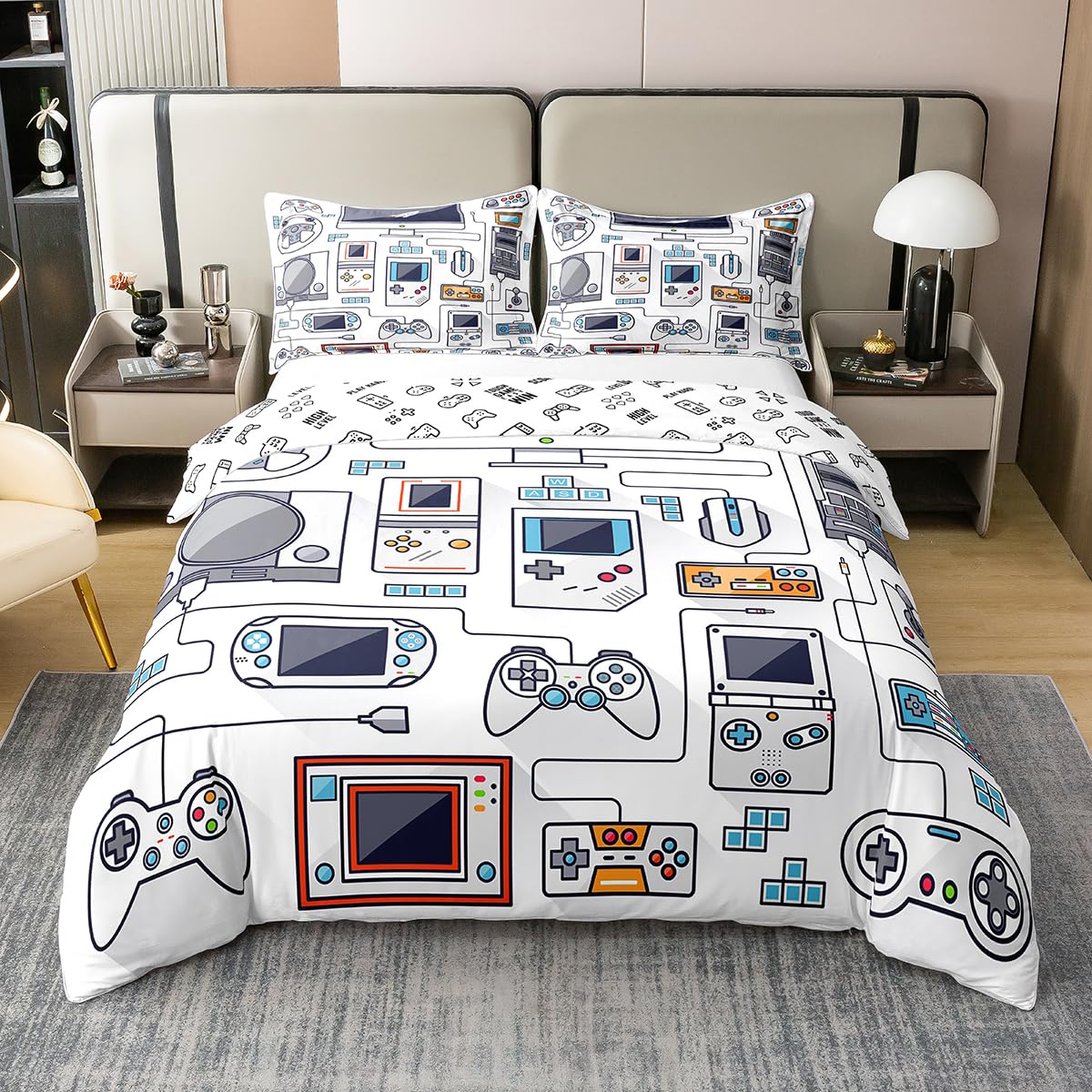 100% Cotton Gamer Bedding Sets for Boys,Gaming Duvet Cover Set Full Size,Boys Video Games Comforter Cover,Gamepad Designs Bed Set for Teen Boys Bedroom,Joystick Controller,3 Pcs with 2 Pillow Shams