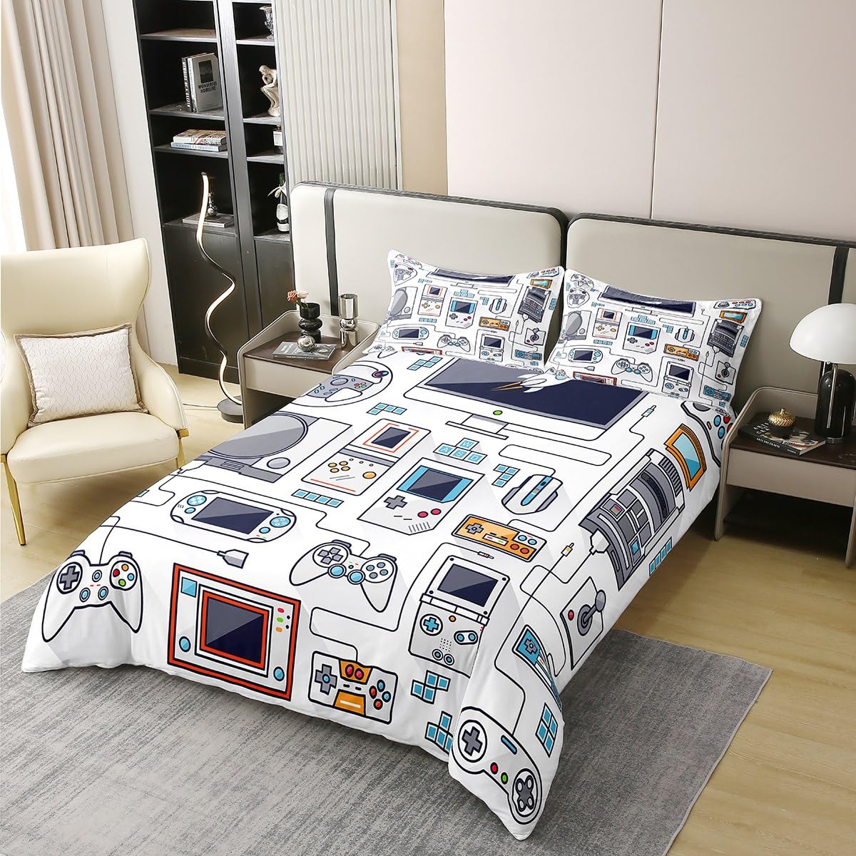 100% Cotton Gamer Bedding Sets for Boys,Gaming Duvet Cover Set Full Size,Boys Video Games Comforter Cover,Gamepad Designs Bed Set for Teen Boys Bedroom,Joystick Controller,3 Pcs with 2 Pillow Shams