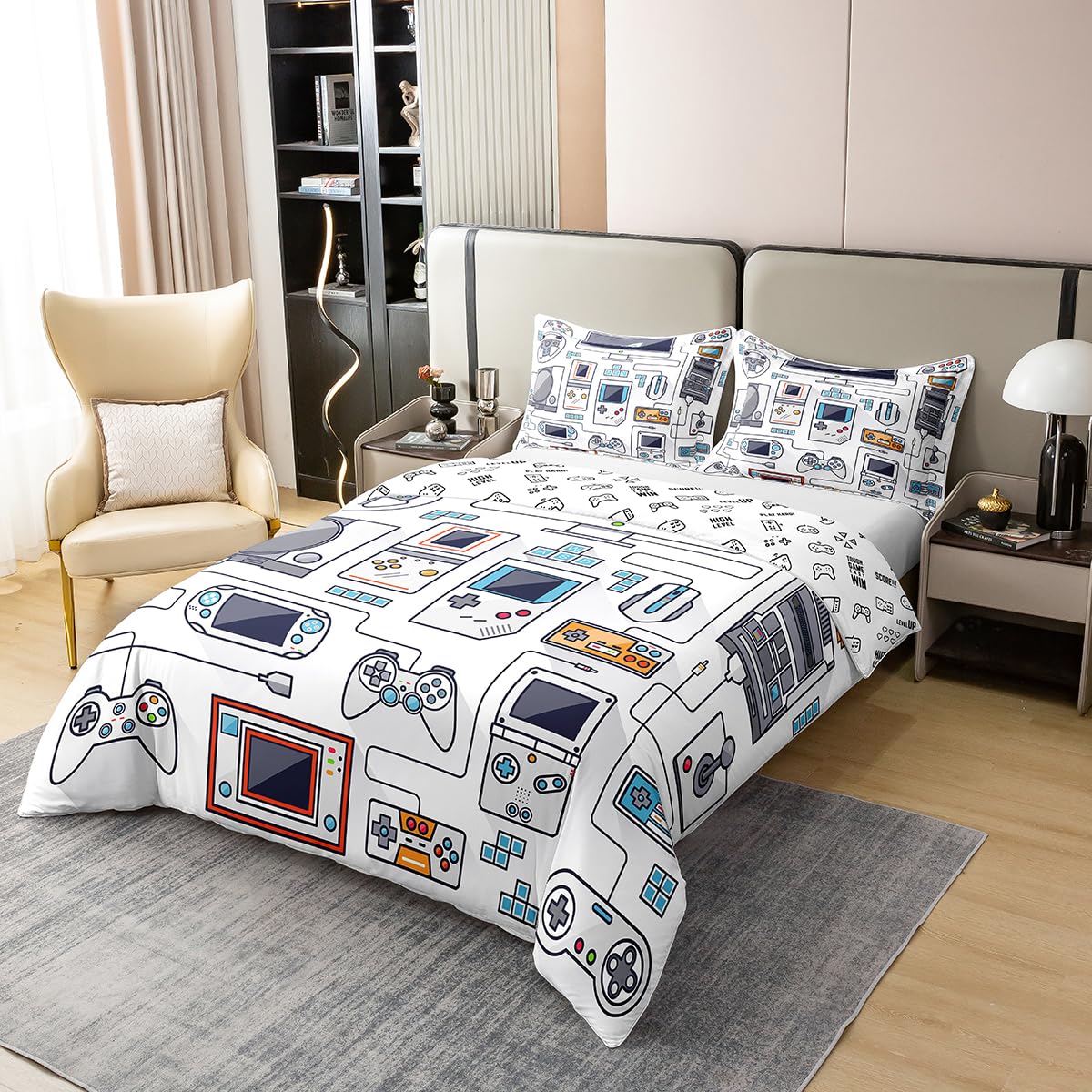 100% Cotton Gamer Bedding Sets for Boys,Gaming Duvet Cover Set Full Size,Boys Video Games Comforter Cover,Gamepad Designs Bed Set for Teen Boys Bedroom,Joystick Controller,3 Pcs with 2 Pillow Shams