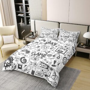 Reversible 100% Cotton Gaming Comforter Cover Full, Kids Gamepad Cartoon Bedding Set, Video Games Gamers Duvet Cover, Hip Hop Graffiti Quilt Cover, Racing Car Bedspread Cover Comfy, Black White