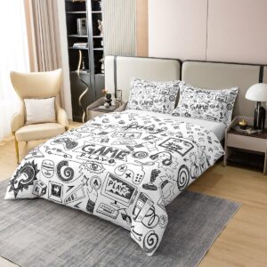 Reversible 100% Cotton Gaming Comforter Cover Full, Kids Gamepad Cartoon Bedding Set, Video Games Gamers Duvet Cover, Hip Hop Graffiti Quilt Cover, Racing Car Bedspread Cover Comfy, Black White