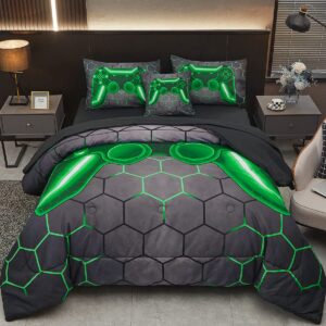 tasselily game console twin comforter set for boys girls, green honeycomb gaming 6 piece bed in a bag teen kids bedding sets with sheets