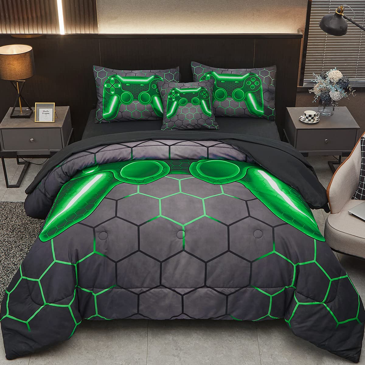 Tasselily Game Console Twin Comforter Set for Boys Girls, Green Honeycomb Gaming 6 Piece Bed in A Bag Teen Kids Bedding Sets with sheets