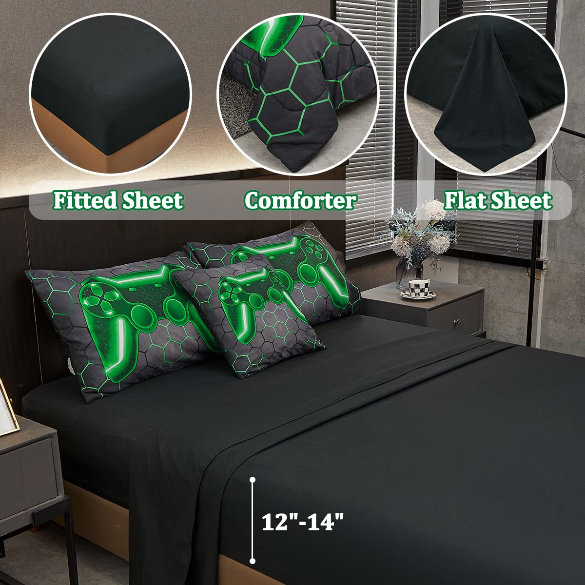 Tasselily Game Console Twin Comforter Set for Boys Girls, Green Honeycomb Gaming 6 Piece Bed in A Bag Teen Kids Bedding Sets with sheets