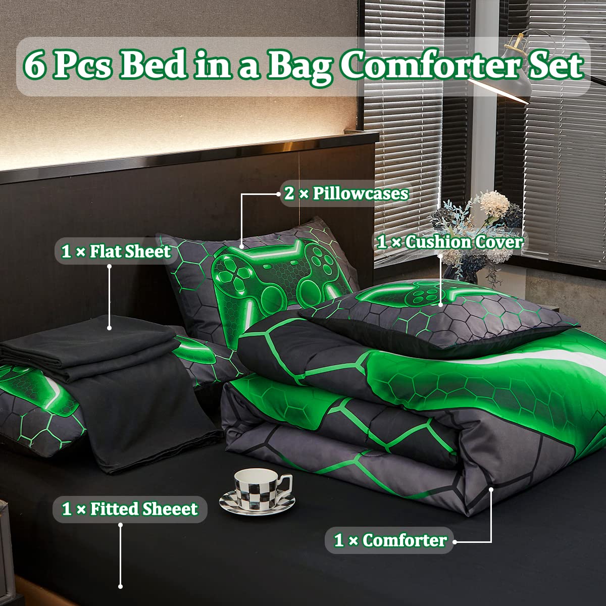 Tasselily Game Console Twin Comforter Set for Boys Girls, Green Honeycomb Gaming 6 Piece Bed in A Bag Teen Kids Bedding Sets with sheets